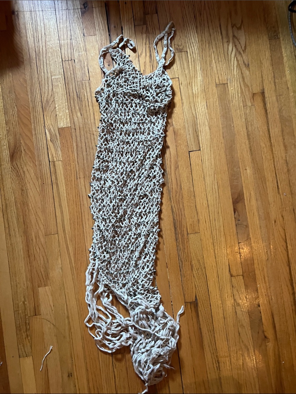 Light Beige Crochet Maxi Cover-Up Dress with Tie Straps